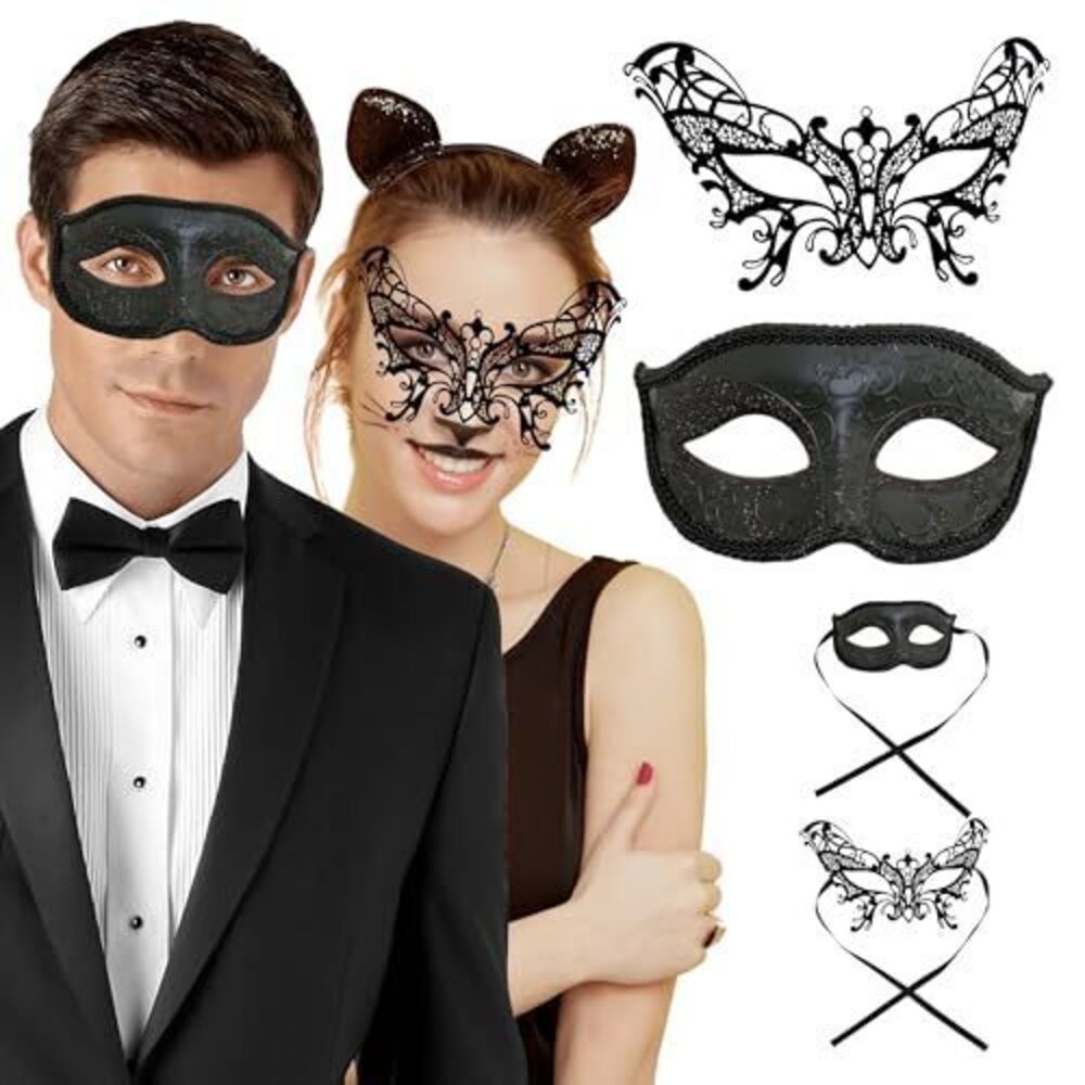 8204 Couple's Venetian Masquerade Mask Set, MG001 Black, One Size